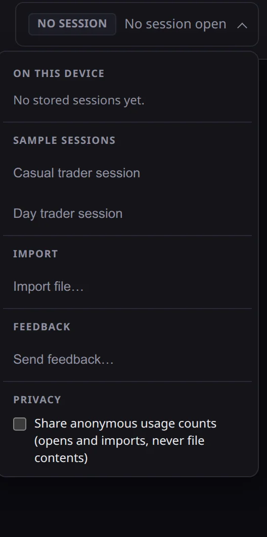 The session menu in Matchstick Replay, open, listing On this device, Sample sessions, Import with the Import file option, Feedback and Privacy. Labelled sample data.