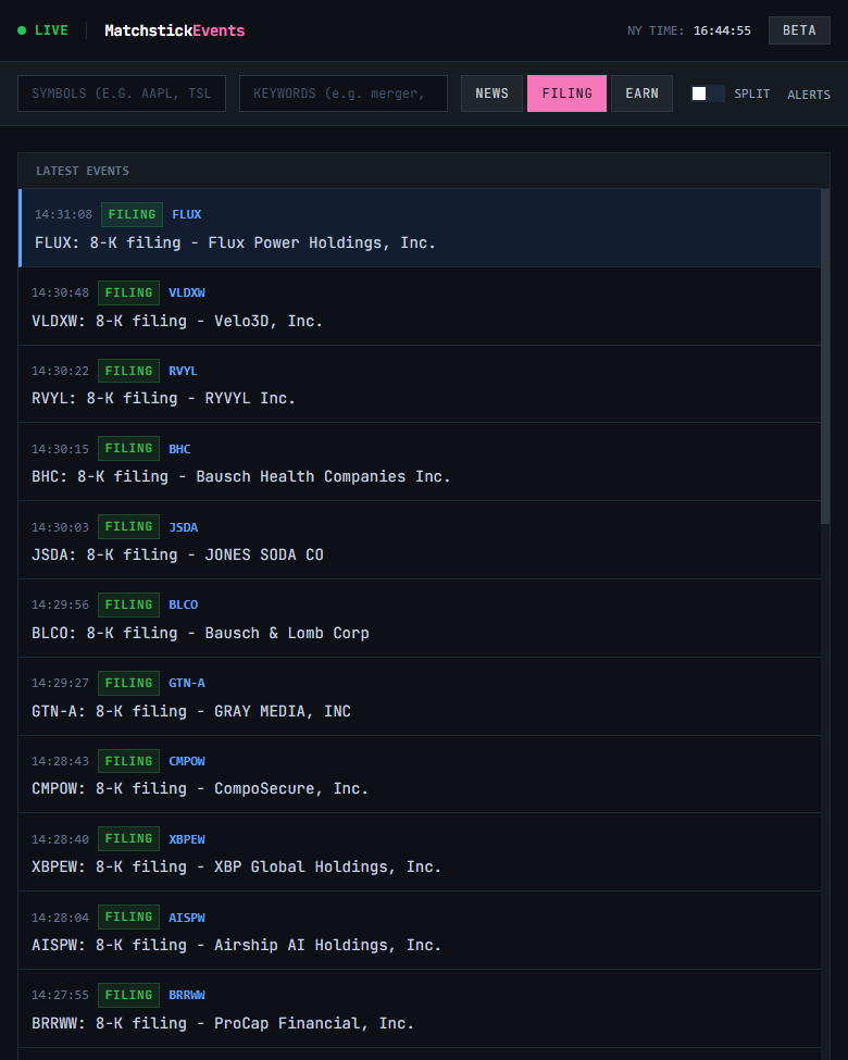 Matchstick Events Desktop Dashboard showing real-time filings